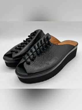 L’Amour Des Pieds Arienne Black Leather Lace-Up Wedge Mules Size 7